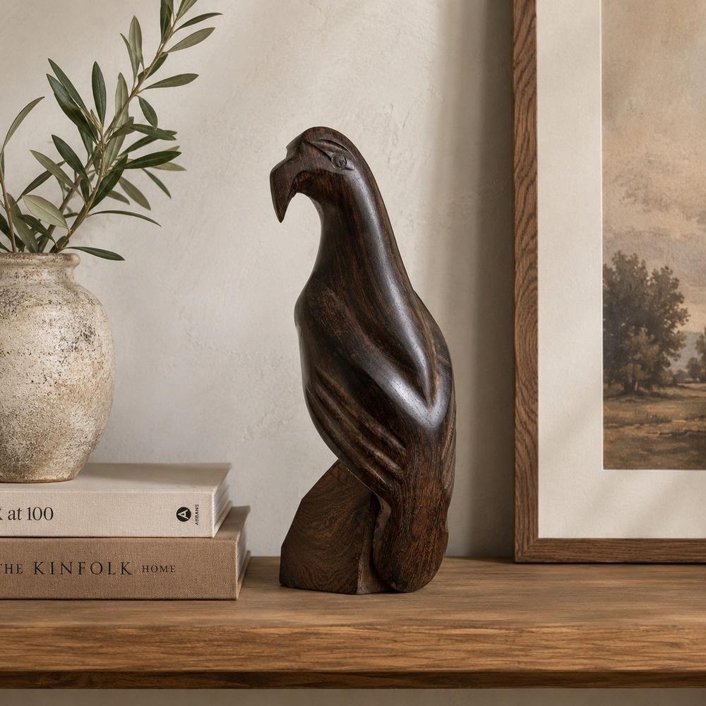 Vintage MCM Hand Carved Heavy Ironwood Wood Eagle/Falcon Bird Sculpture‎ 8"